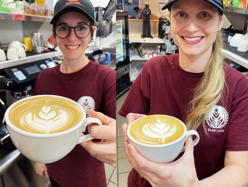 Gabi e Kay atrás do balcão de uma cafeteria em Nova Jersey, cada uma com uma xícara de latte art